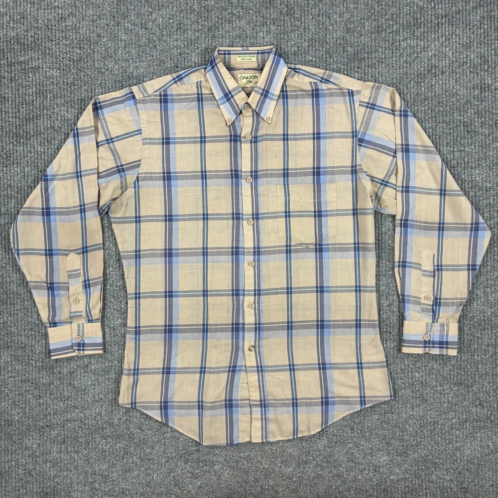 Vintage Oakton Ltd Mens Plaid Button Down Shirt Large Beige Preppy Long Sleeve